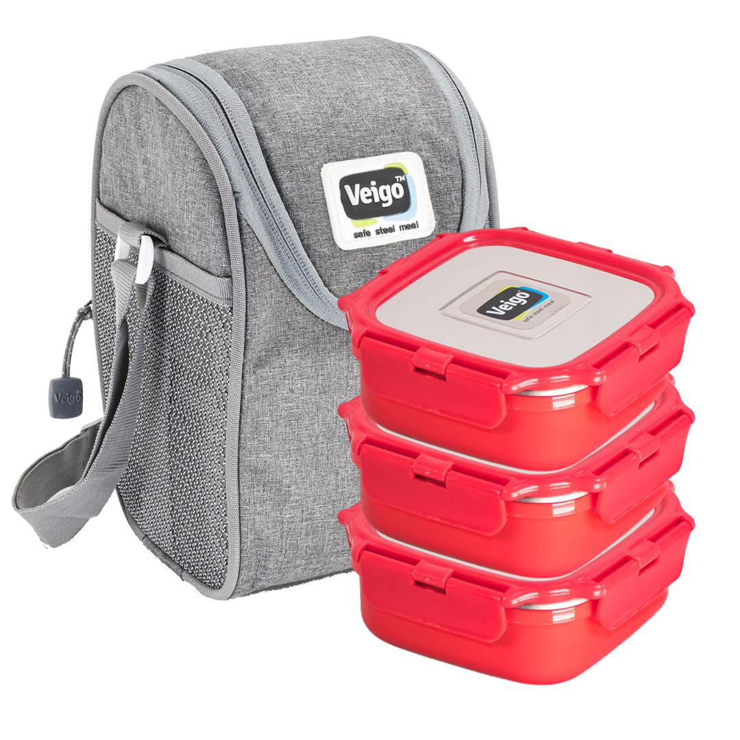 Veigo HeatUp Medium ( Microwave Safe) - Veigo Red / Set of 3 with Insulated Pouch