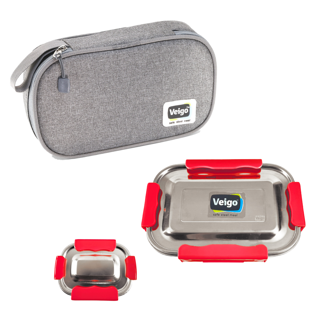 Veigo MaxoSteel JUMBO Lunch Box w/ Veg Box - Veigo with Insulated Pouch / Red