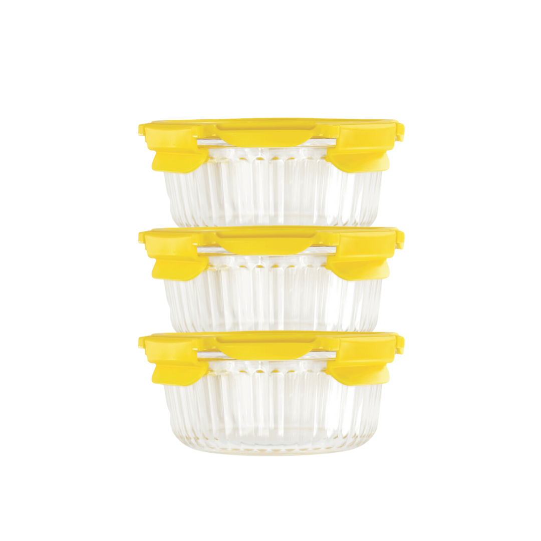 Veigo See & Serve |ROUND| Glass Container w/ Glass Lid - Veigo Set of 3 - Value Deal / 950 Ml / Sun