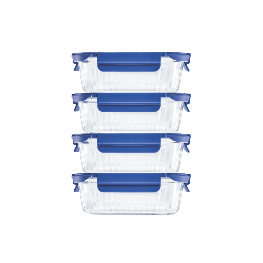 Veigo See & Serve |RECTANGLE| Glass Container w/ Glass Lid - Veigo Set of 4 - Value Deal / 640 Ml / Ocean