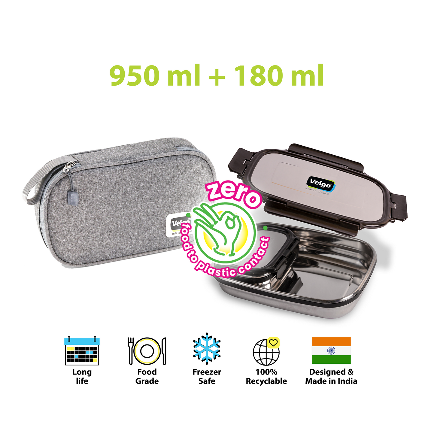 Veigo Jumbo Steel Lunch Box Set with Insulated Pouch
