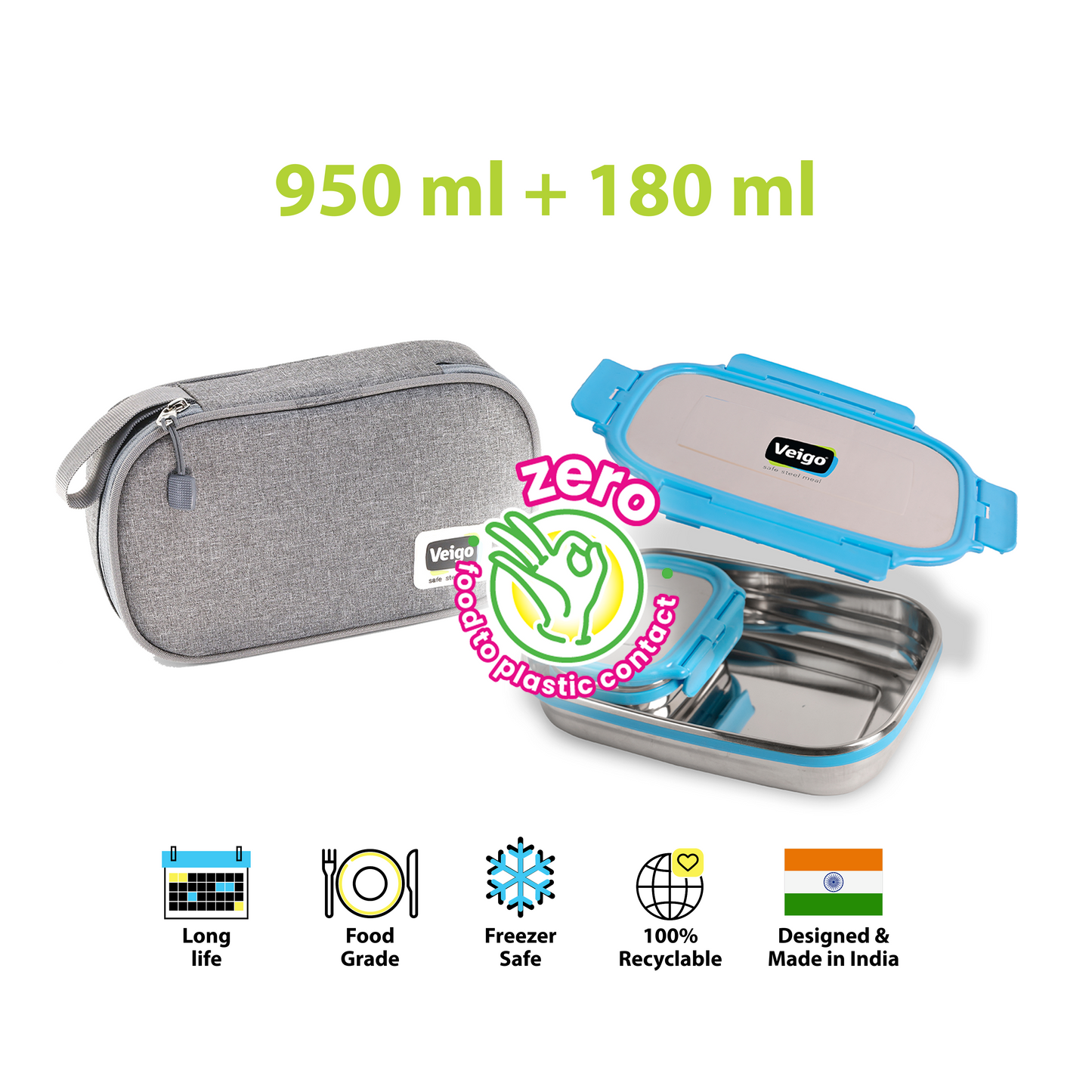 Veigo Jumbo Steel Lunch Box Set with Insulated Pouch