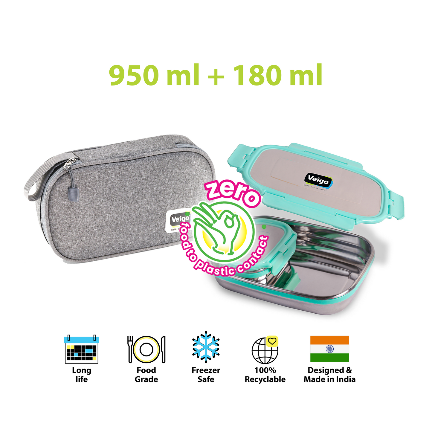 Veigo Jumbo Steel Lunch Box Set with Insulated Pouch