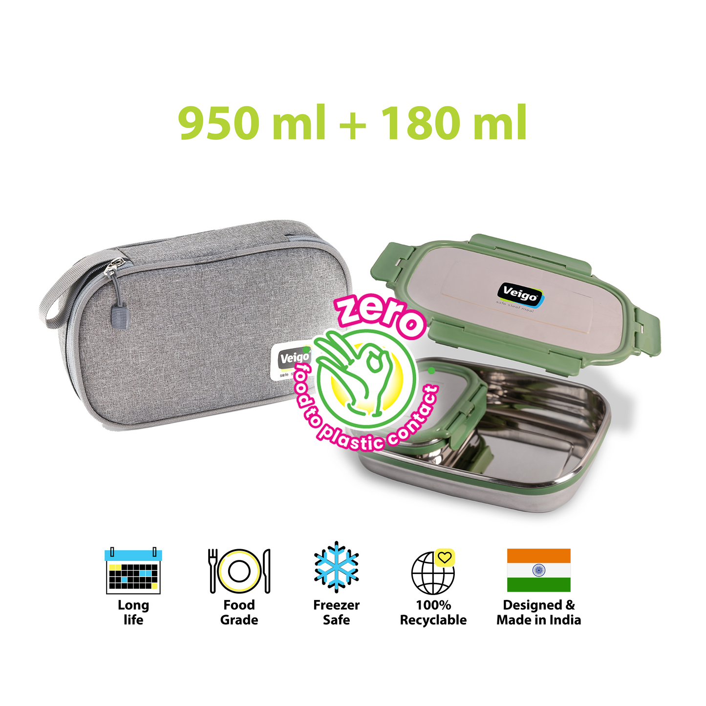 Veigo Jumbo Steel Lunch Box Set with Insulated Pouch