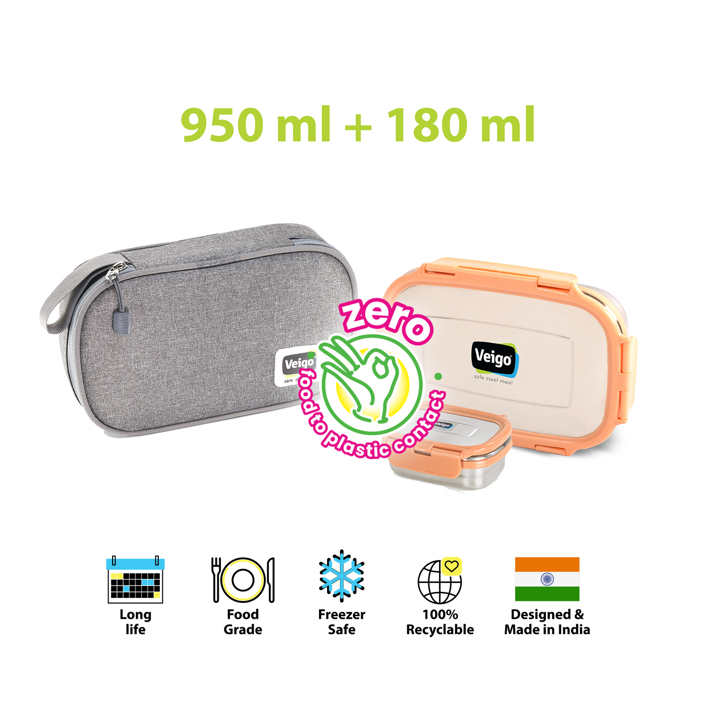 Veigo Jumbo Steel Lunch Box Set with Insulated Pouch