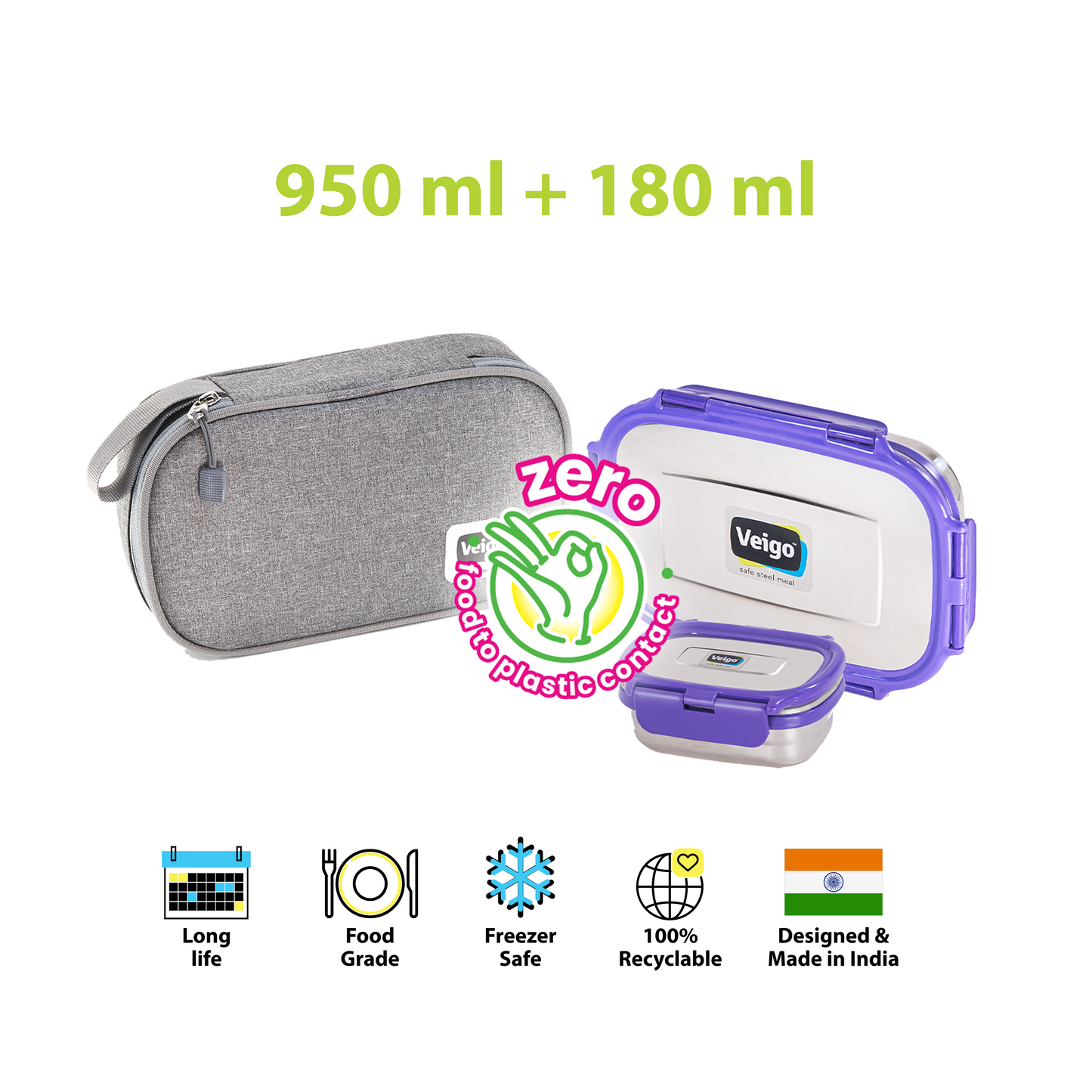 Veigo Jumbo Steel Lunch Box Set with Pouch - Veigo Violet / Original