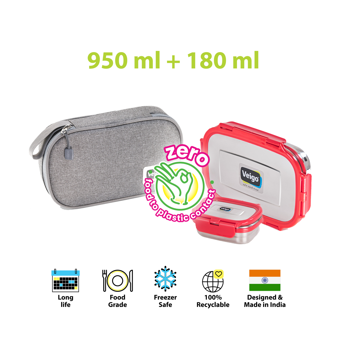 Veigo Jumbo Steel Lunch Box Set with Pouch - Veigo Red / Original