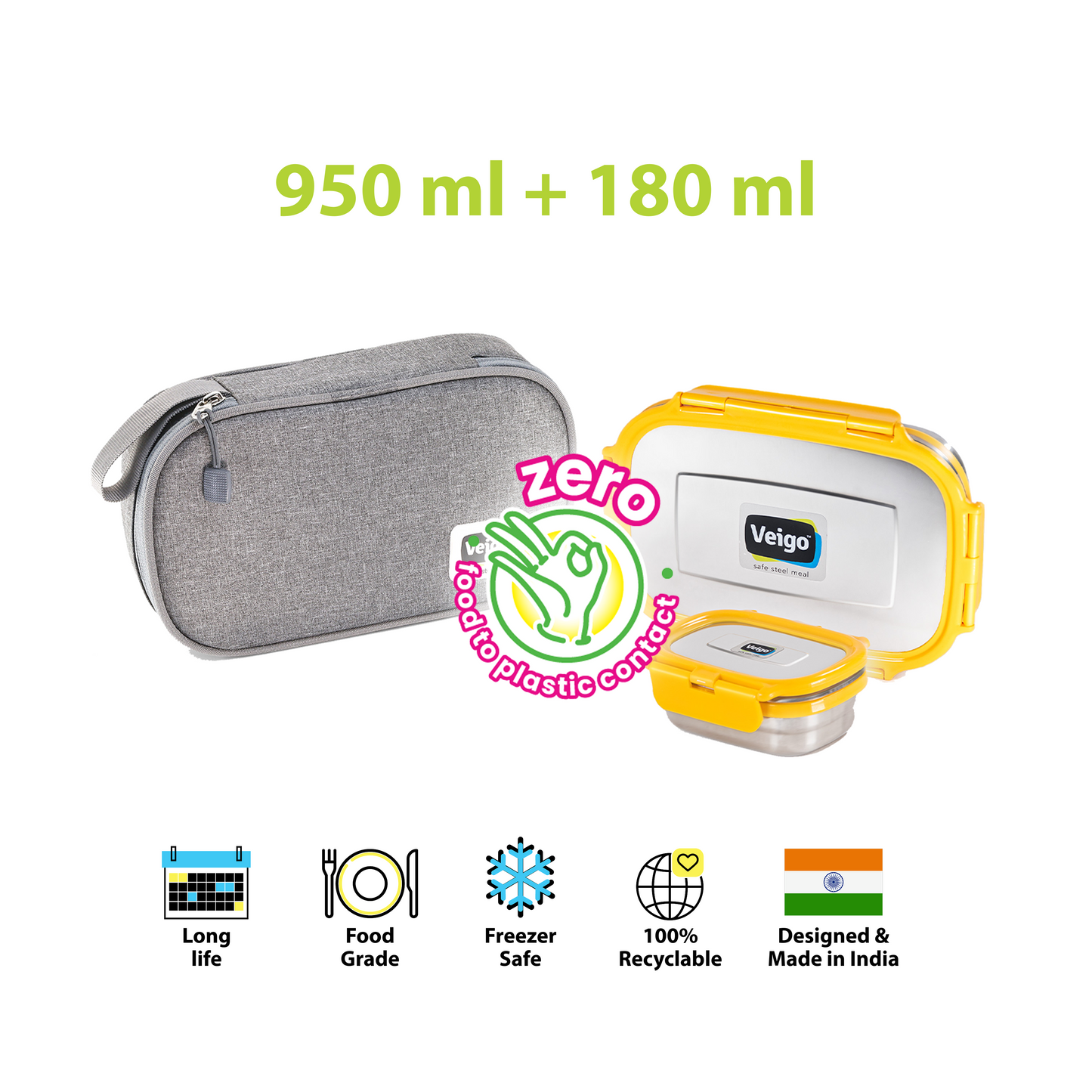 Veigo Jumbo Steel Lunch Box Set with Pouch - Veigo Yellow / Original
