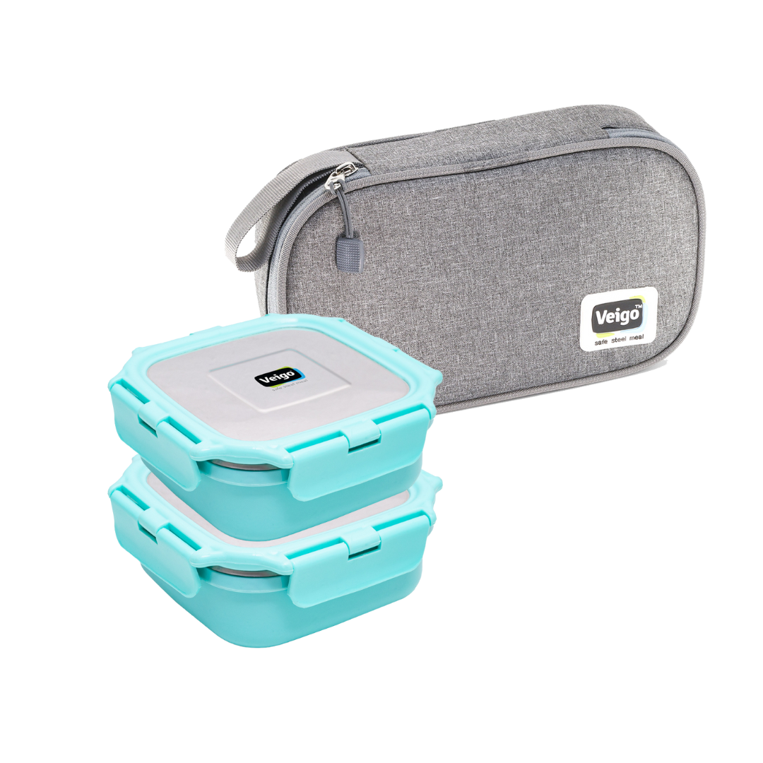 Veigo HeatUp Medium ( Microwave Safe) - Veigo Light Green Cyan / Set of 2 with Insulated Pouch