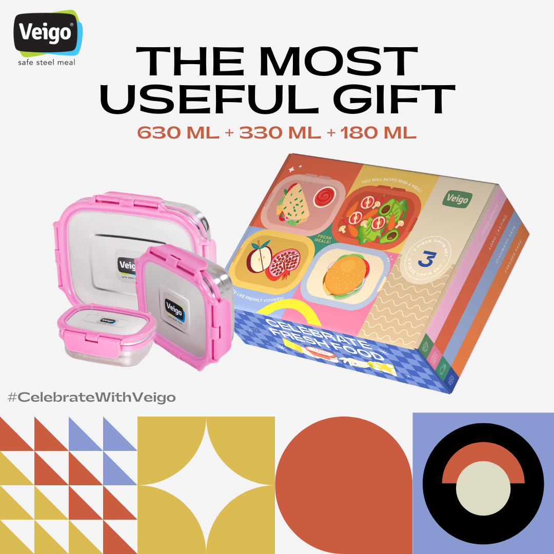 Veigo LARGE Steel Lunch Box - Veigo Set of 3 Celebration Pack / Grey