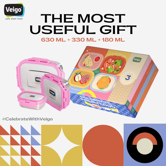 Veigo LARGE Steel Lunch Box - Veigo Set of 3 Celebration Pack / Grey
