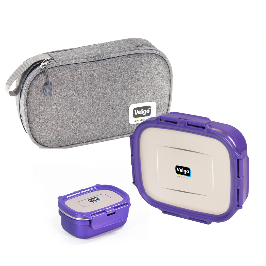 Veigo HeatUp Large ( Microwave Safe) - Veigo Lunch Box Set with Insulated Pouch / Violet