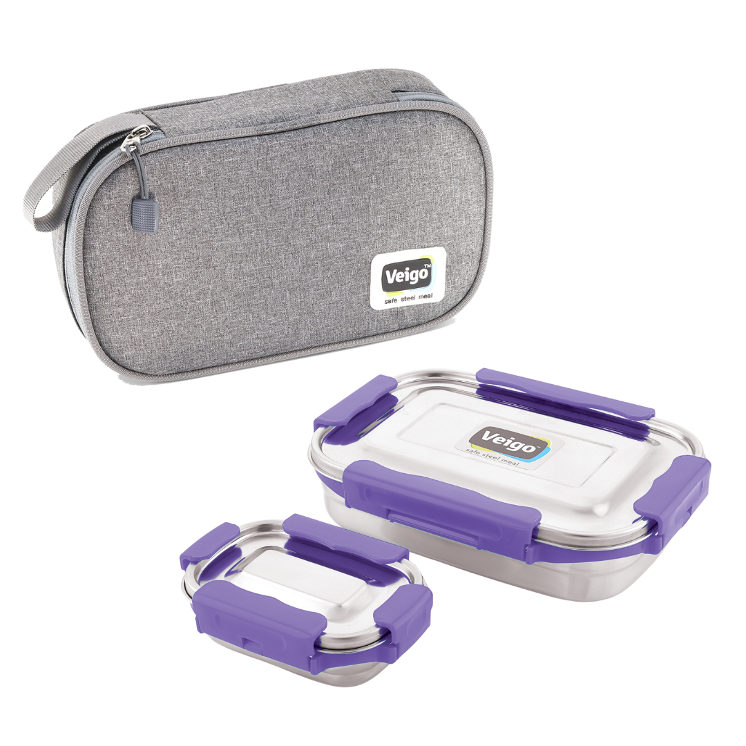 Veigo MaxoSteel JUMBO Lunch Box w/ Veg Box - Veigo with Insulated Pouch / Violet