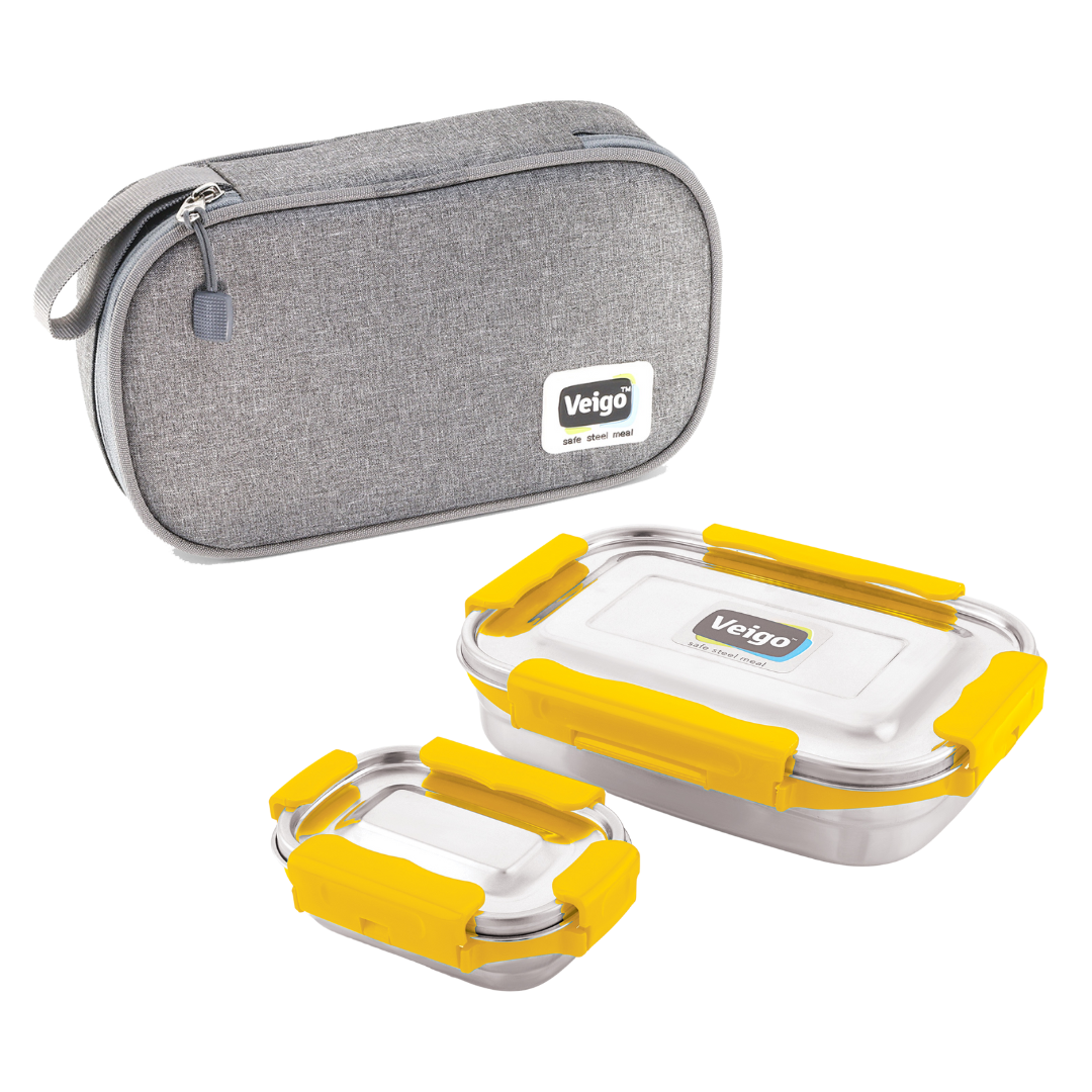 Veigo MaxoSteel JUMBO Lunch Box w/ Veg Box - Veigo with Insulated Pouch / Yellow