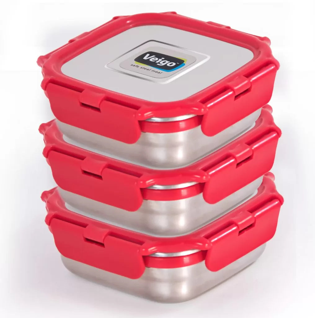 Veigo MEDIUM Steel Snack Box - Veigo Stack of 3 - Value Deal / Red