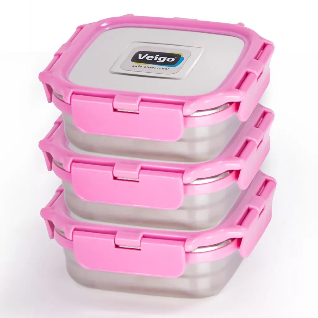 Veigo MEDIUM Steel Snack Box - Veigo Stack of 3 - Value Deal / Pink
