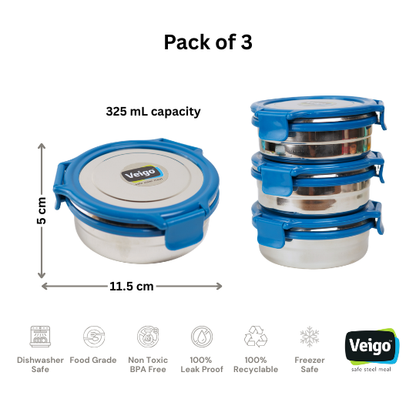 Veigo Stack of 3 Round Steel Boxes | Durable & Leakproof
