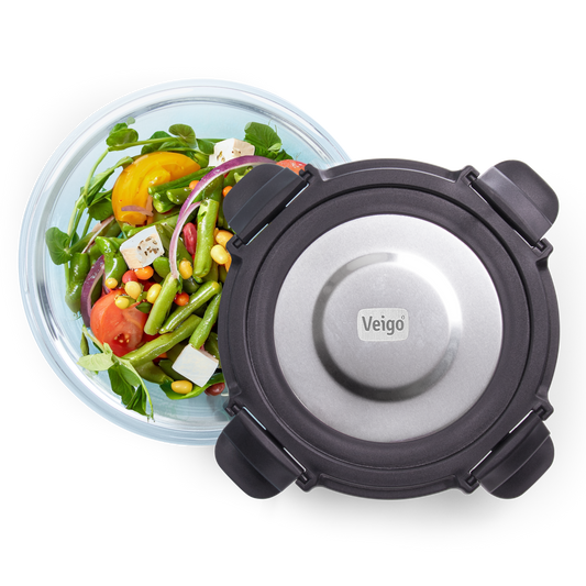 Veigo Pure and Sure | ROUND | Borosilicate Glass Container with Stainless Steel Lid - Veigo Stone