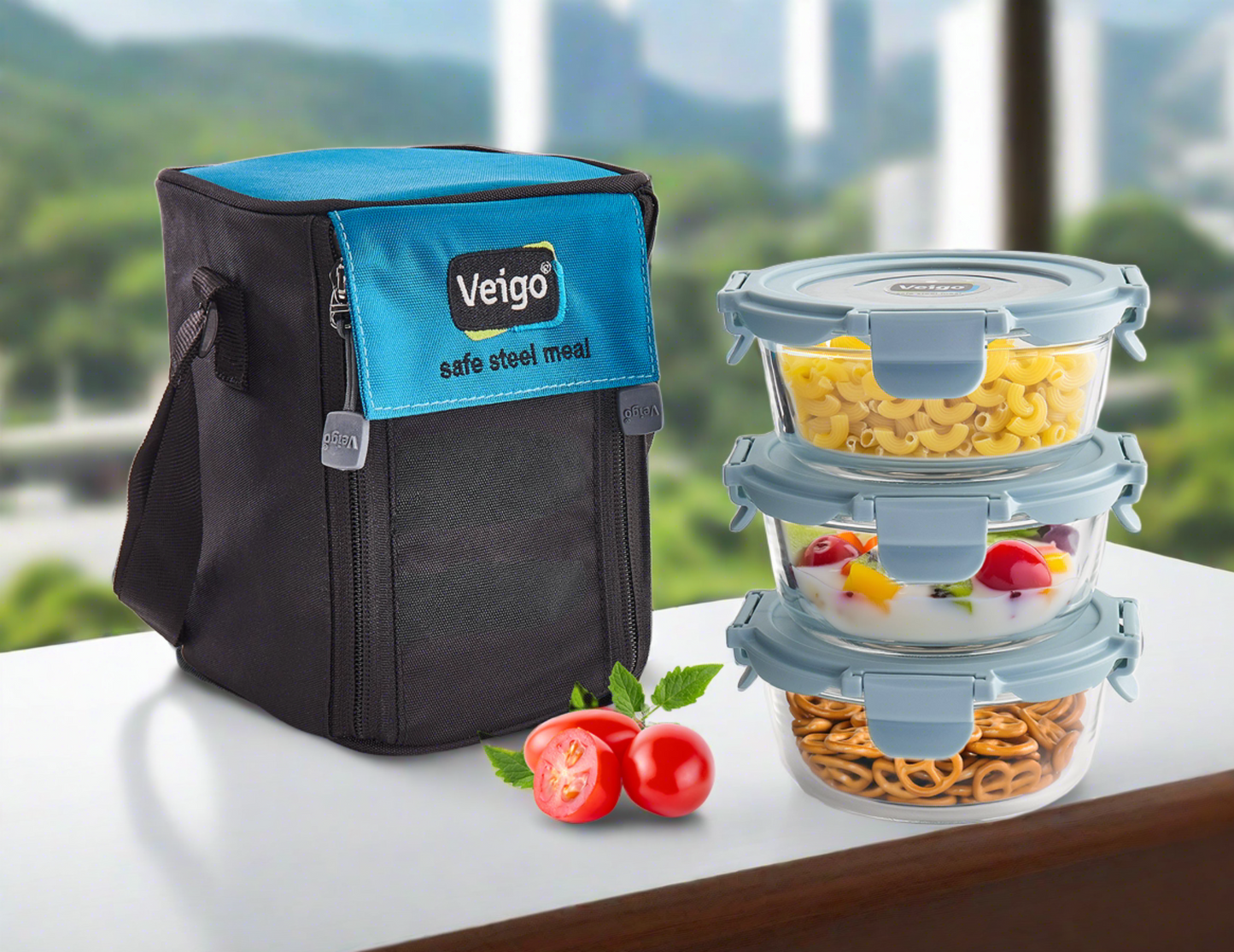 Veigo Glass LunchBoss- Set of 3 Round in an Insulated Pouch