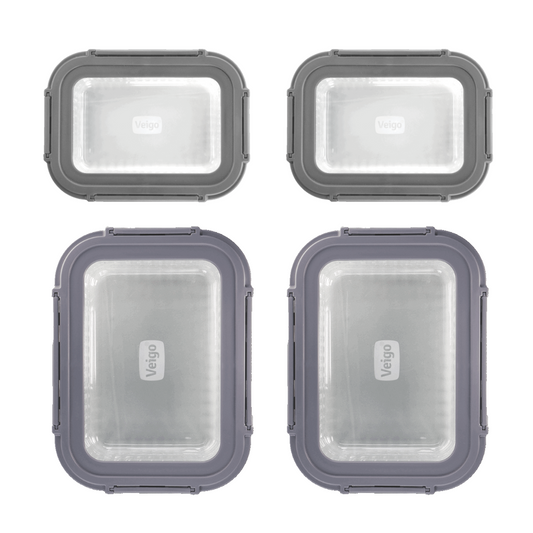 Veigo Borosilicate RECTANGLE Glass Container w/ Tempered Glass Lid - Set of 4