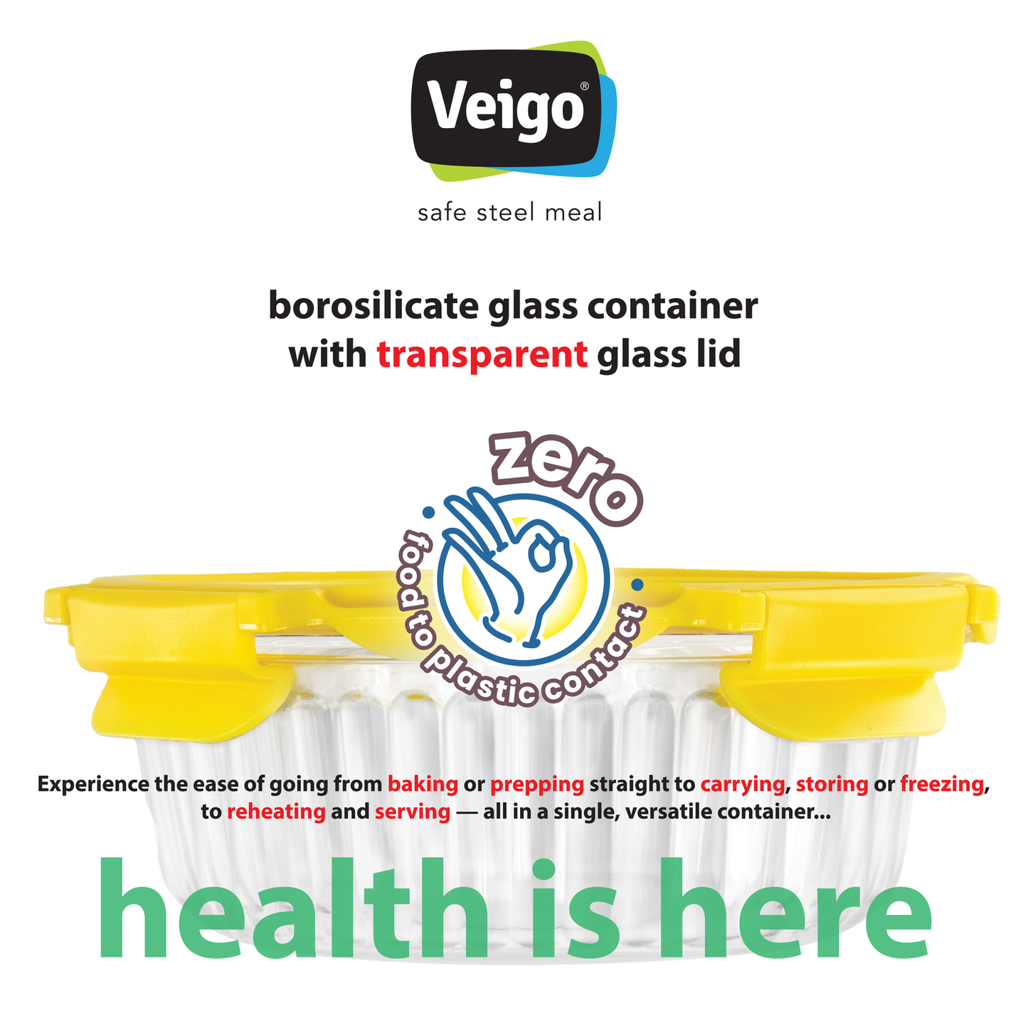 Veigo Borosilicate ROUND Glass Container w/ Tempered Glass Lid - Set of 3