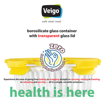 Veigo Borosilicate ROUND Glass Container w/ Tempered Glass Lid - Set of 3