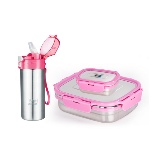 Veigo Steel Lunch Box Set w/ Fairy Pink SIP Bottle
