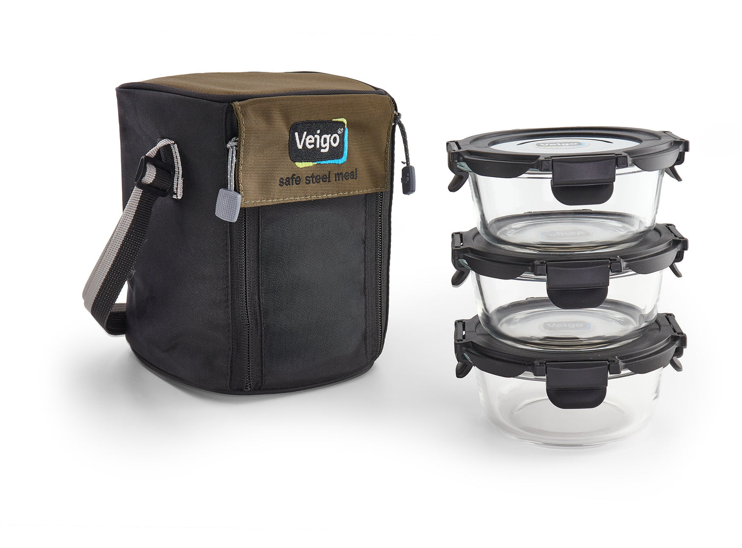 Veigo Glass LunchBoss- Set of 3 Round in an Insulated Pouch