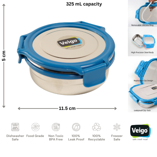 Veigo Round Steel Snack Box| Leakproof Steel Storage Box