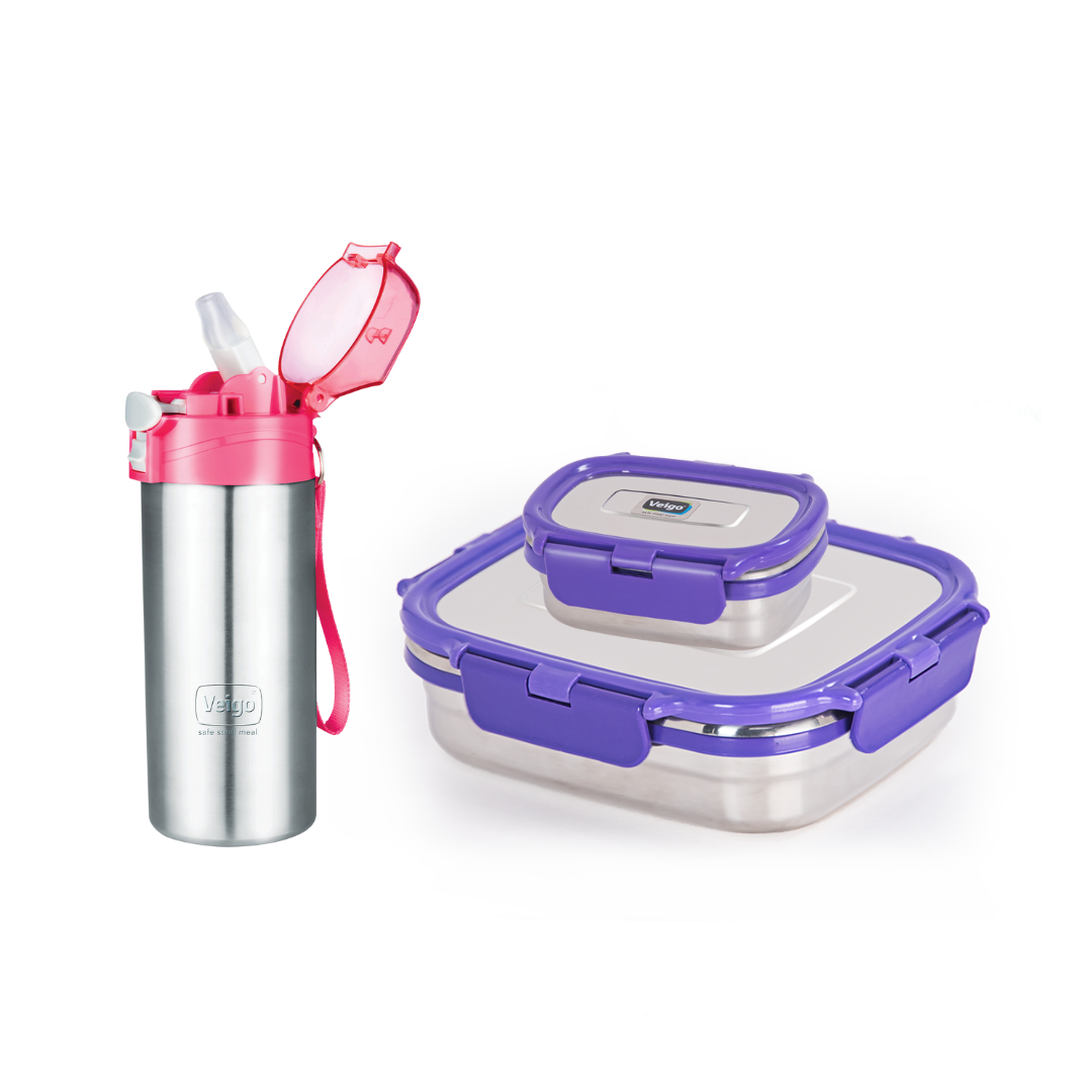 Veigo Steel Lunch Box Set w/ Fairy Pink SIP Bottle