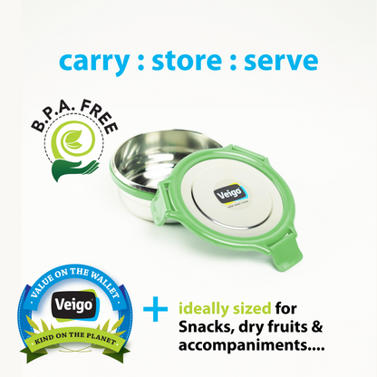 Veigo Round Steel Snack Box| Leakproof Steel Storage Box