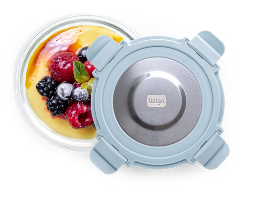 Veigo Pure and Sure | ROUND | Borosilicate Glass Container with Stainless Steel Lid