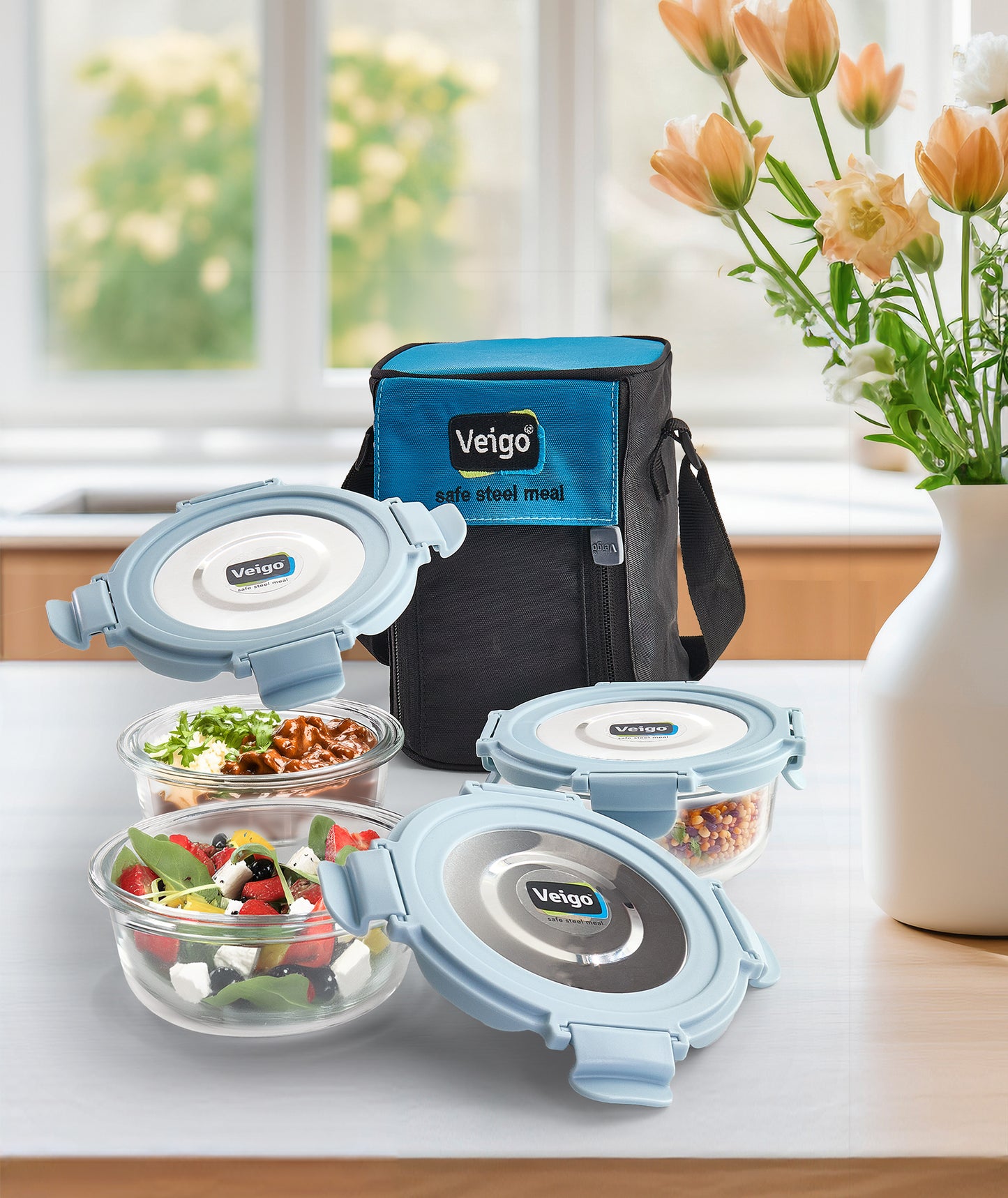 Veigo Glass LunchBoss- Set of 3 Round in an Insulated Pouch - veigolunchboxes