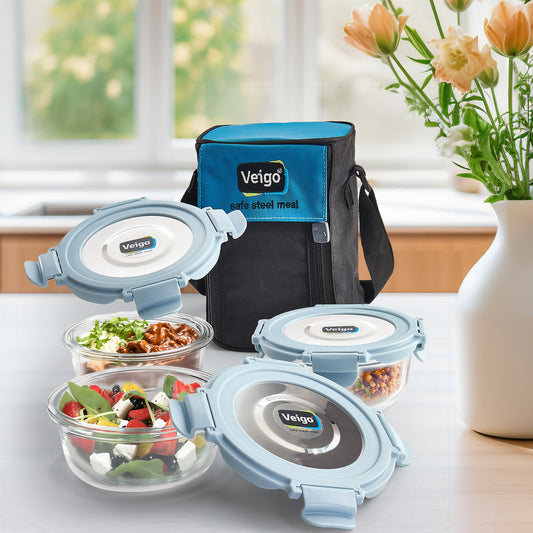 Veigo Glass LunchBoss- Set of 3 Round in an Insulated Pouch - Veigo Sky