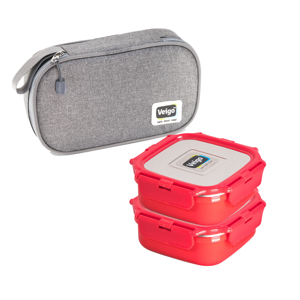 Set of 2 Microwave Safe Lunch Boxes with Pouch | Airtight & Leakproof ...