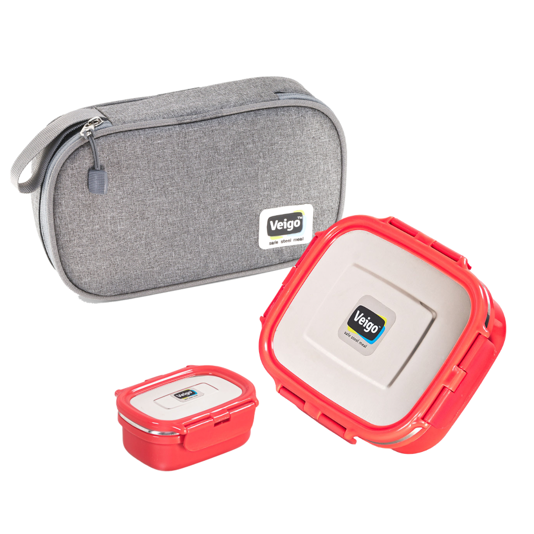 Veigo HeatUp Large ( Microwave Safe) - Veigo Lunch Box Set with Insulated Pouch / Red