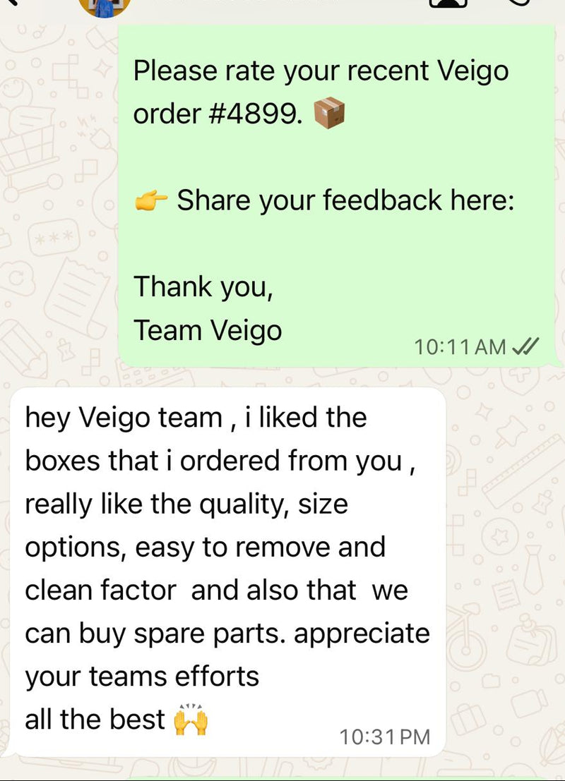 Text message conversation with Veigo customer service requesting feedback on a recent order.