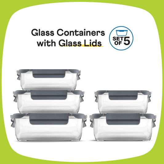 Glass Food Storage Containers with Glass Lids – Set of 5