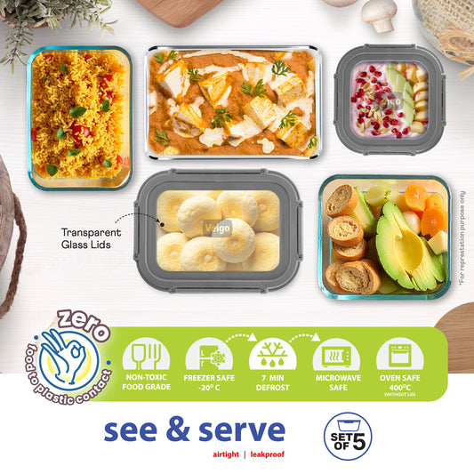 Glass Food Storage Containers with Glass Lids – Set of 5