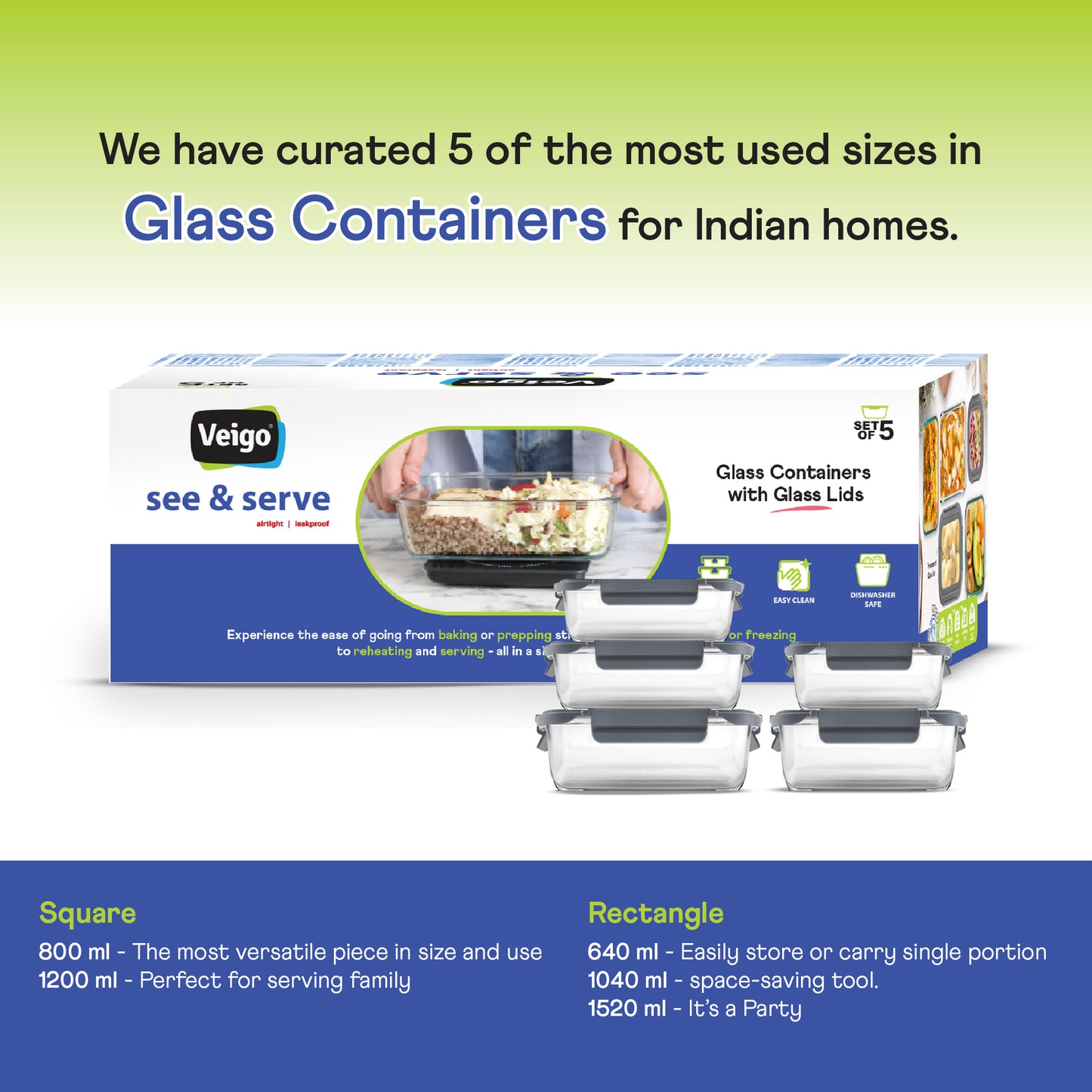 Glass Food Storage Containers with Glass Lids – Set of 5