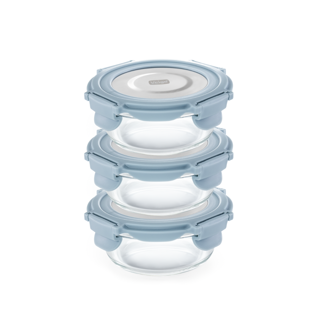 Veigo ROUND Glass Container with Stainless Steel Lid- Set of 3 - veigolunchboxes