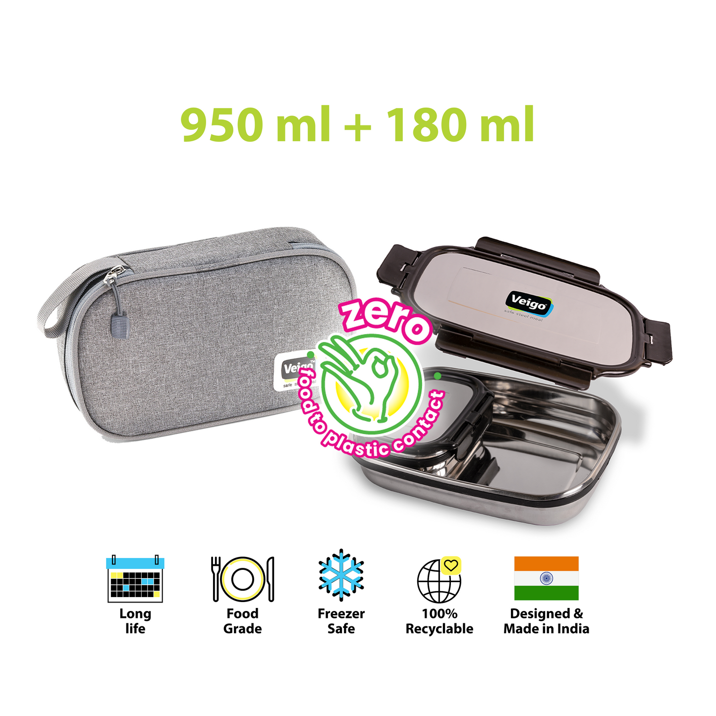 Veigo Jumbo Steel Lunch Box Set with Pouch