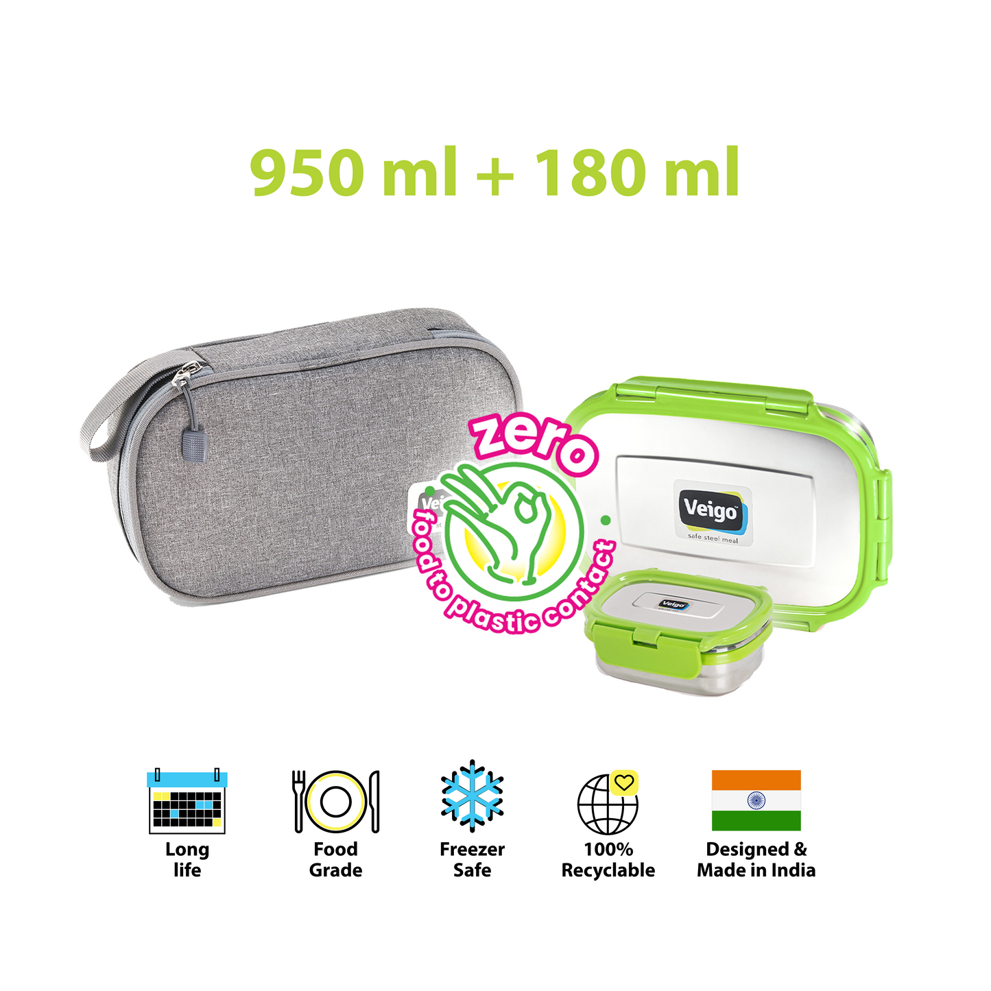 Veigo Jumbo Steel Lunch Box Set with Pouch