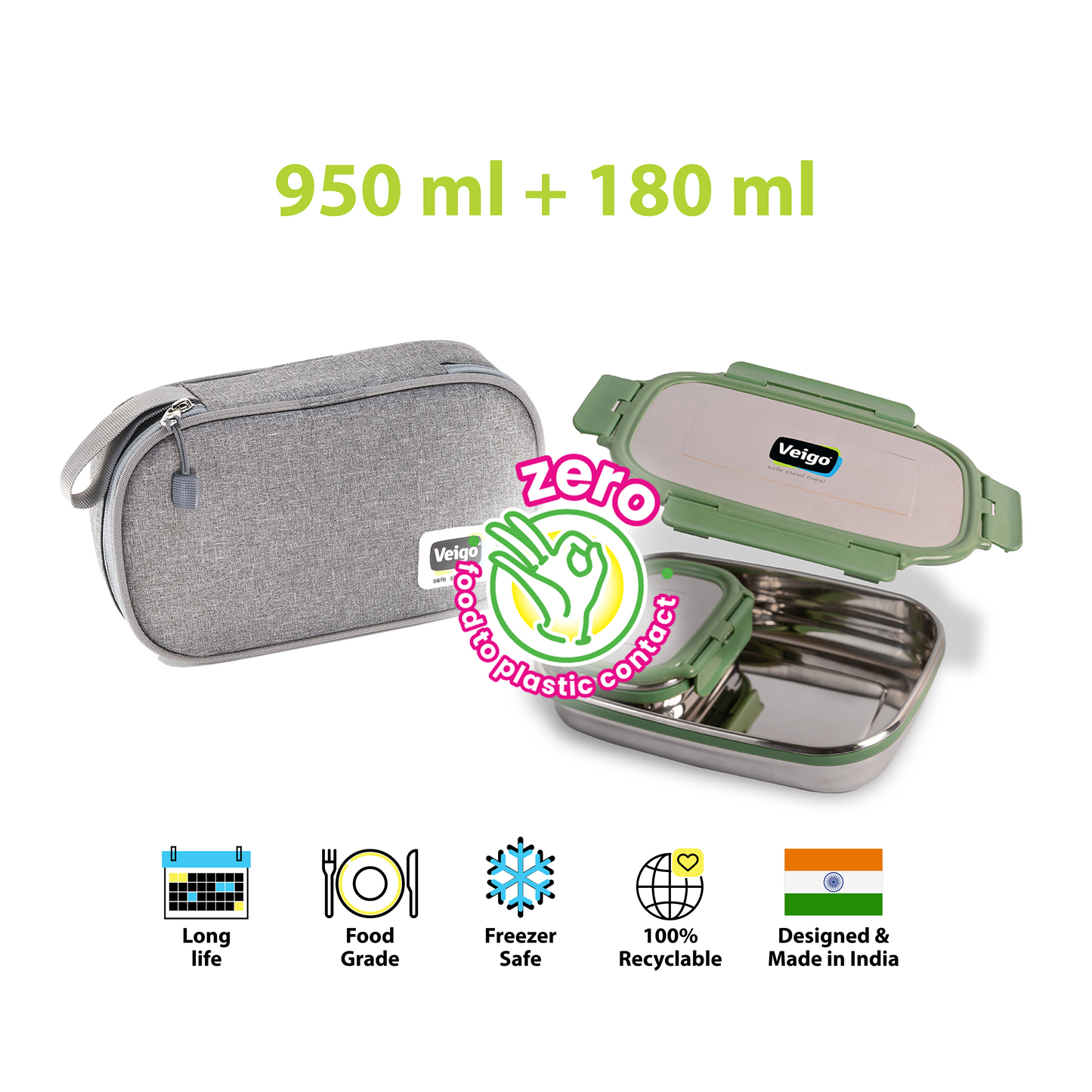 Veigo Jumbo Steel Lunch Box Set with Pouch