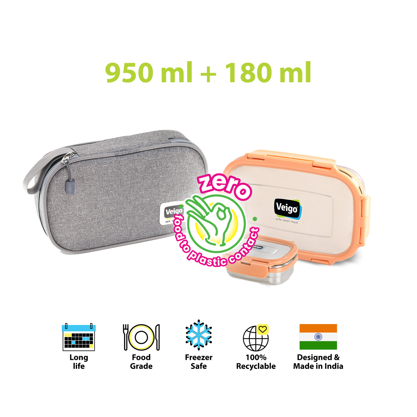 Veigo Jumbo Steel Lunch Box Set with Pouch