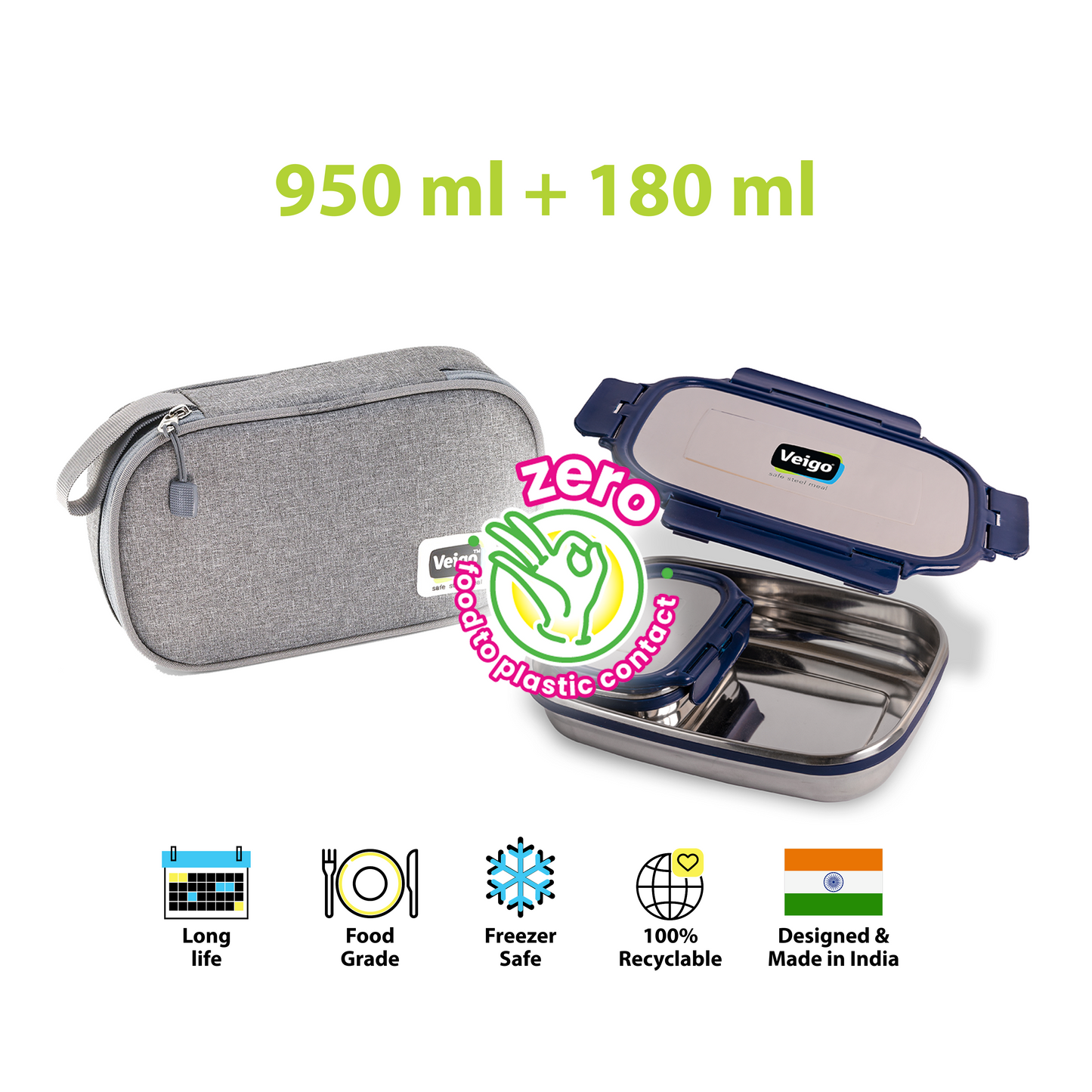 Veigo Jumbo Steel Lunch Box Set with Pouch