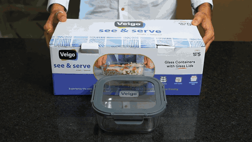 Veigo Glass Food Storage Set of 5 shown with glass lids, airtight seal and leakproof design